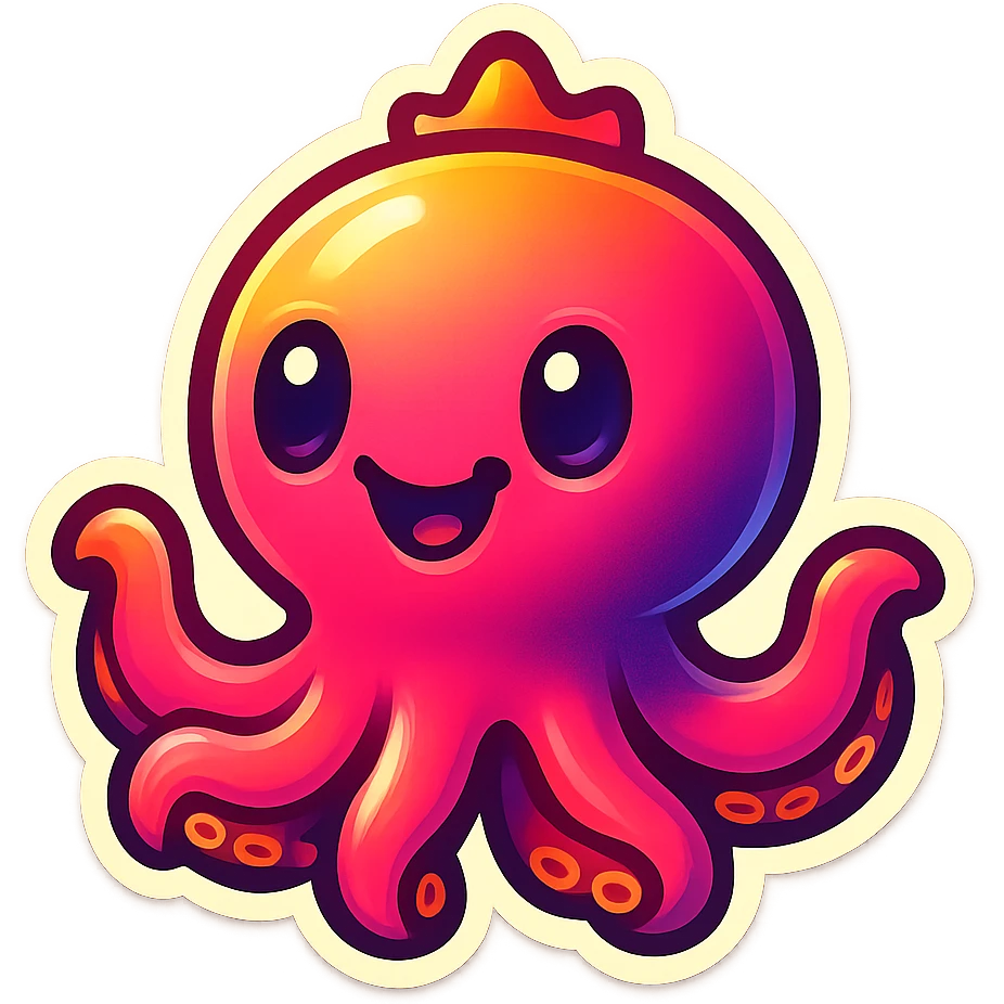 Change the octopus emoji's face to a happy expression, keep the style and pose the same, transparent background. emoji