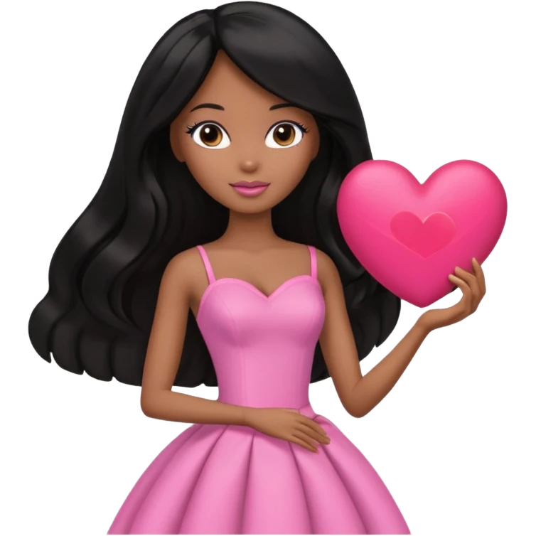 Black barbie, long black  hair, pink dress holding big heart that  visibly says "daily heart me" emoji
