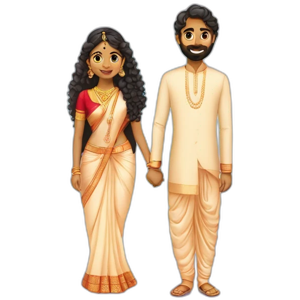 south indian girl with curly hair marrying south indian guy with straight hair and beard wearing dhoti emoji