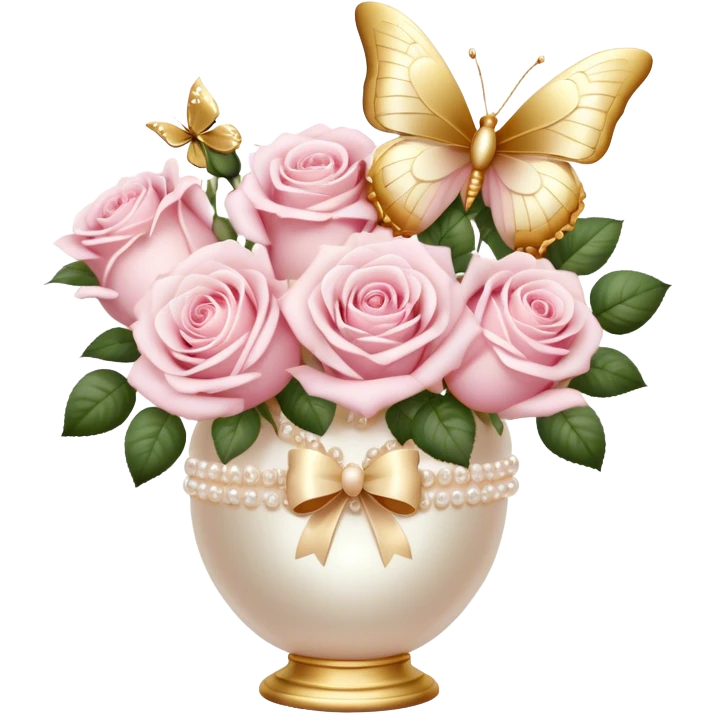 Realistic aesthetic bouquet of light pink roses in a pearl vase and a ivory bow with gold decoration and a butterfly with gold and beige wings emoji