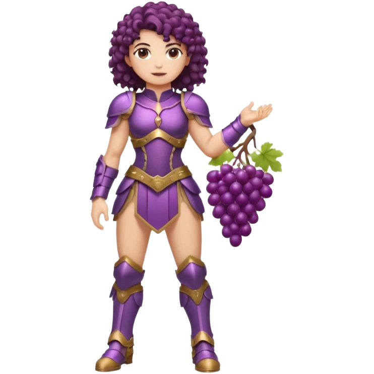full body woman short curly brown mullet brown eyes white skin muscular build grape cluster armor outfit emoji