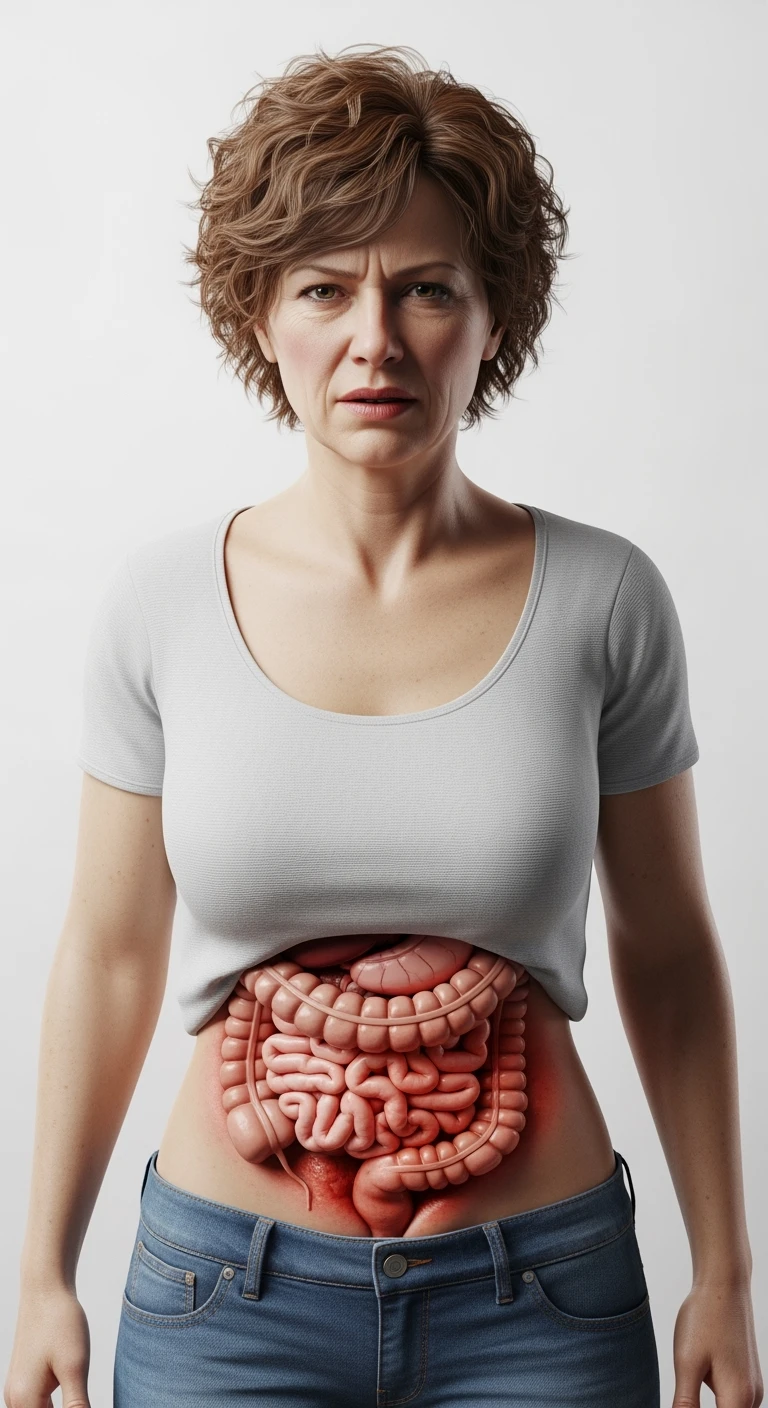 DONNA 50ENNE CON INTESTINO ANATOMICO REALISTICO DOLORANTE VISIBILE, iperrealistico 4k, ISOLATA SU SFONDO BIANCO emoji