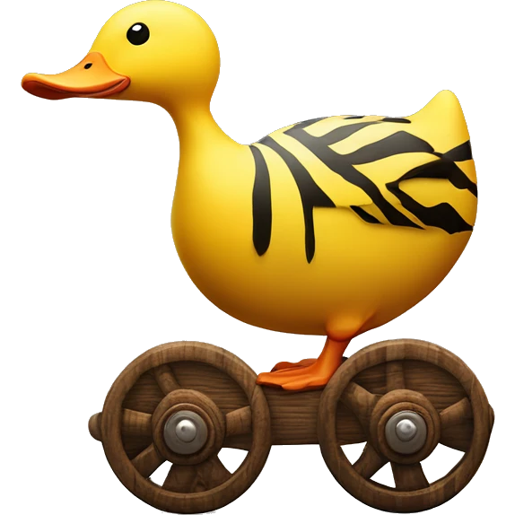 Yellow Duck with tiger stripes on wooden wheels like from the book janosh. Point of view from the side 90 degrees emoji
