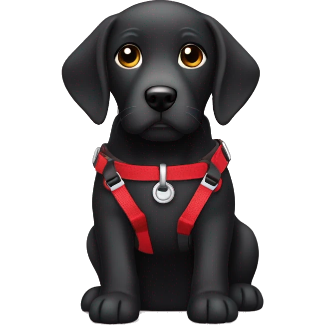 Black lab with puppy face wearing a red harness emoji