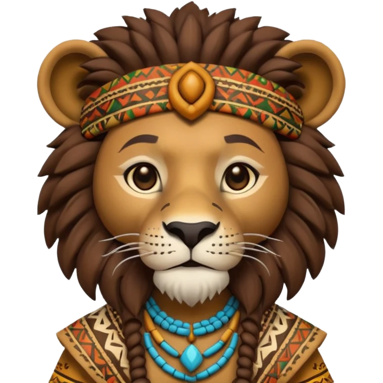 a-3d-cartoon-african-lion-from-the-1800s-wearing-traditional-african-tribal-clothing,-calm-expression,-natural-background,-memoji-style-realism. emoji