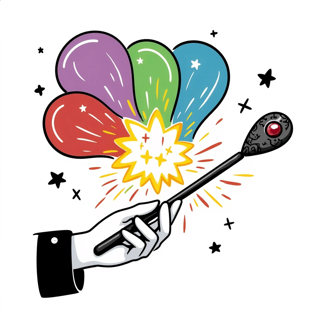 hand holding a magical wand with colorful glowing light around it emoji