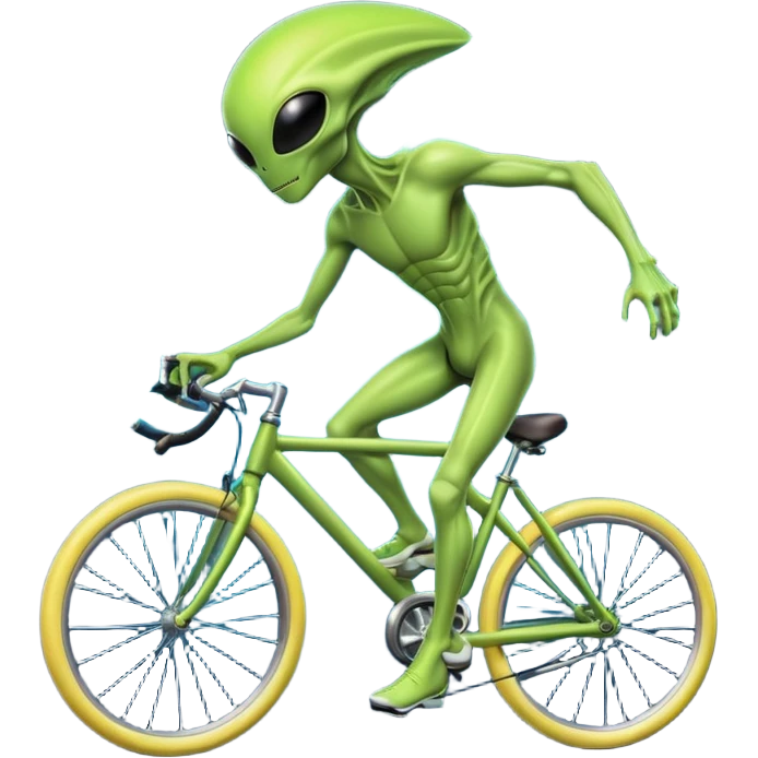 energy alien riding a bicycle, glowing light body, floating energy trails, non-physical alien form interacting with bike, fantasy sci-fi vibe, 3D cartoon, mobile game icon style, clean background, no text, no watermark
 emoji