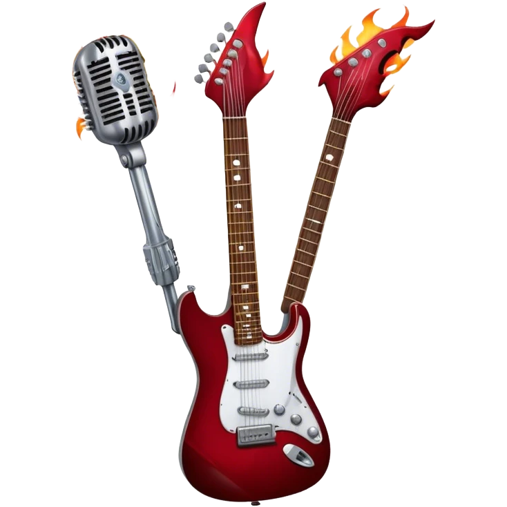 Create a fierce and edgy emoji representing hardcore rock vocal performance in a humanless collage. The design should feature a vintage microphone at the center, Add crossed drumsticks behind the microphone to symbolize the rhythm and power of the drums. surrounded by a menacing, distorted electric guitar with sharp, aggressive angles. Include subtle elements like lightning bolts, flames, or jagged sound waves to evoke the raw energy and intensity of hardcore rock. Use dark, intense colors like black, red, and silver, with a metallic, gritty finish to convey the rebellious, aggressive spirit of the genre. The background should be transparent. emoji