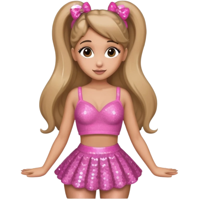 Ariana Grande with dark blonde hair, pink sequin bra, pink sequin skirt emoji