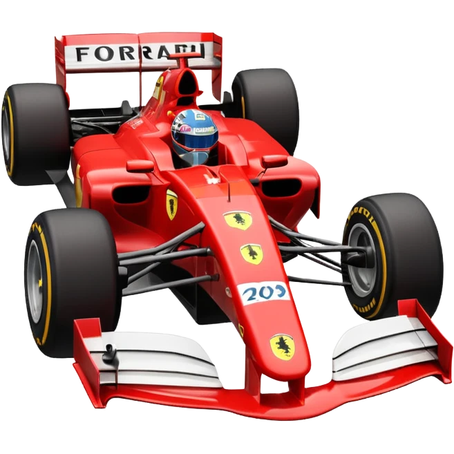 three-quarter view of a red iconic Ferrari F1 car from the 2000s with visible rear wing, emoji style emoji
