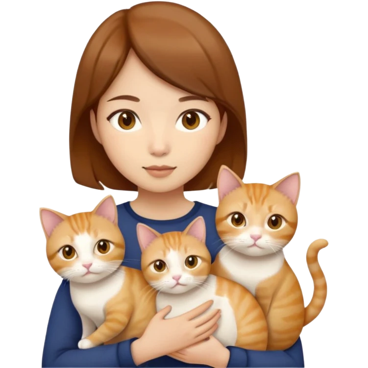 Asian girl, brown hair, brown eyes skin tone beige holding three cats one ginger, one yellow white one British short hair and cream colour emoji