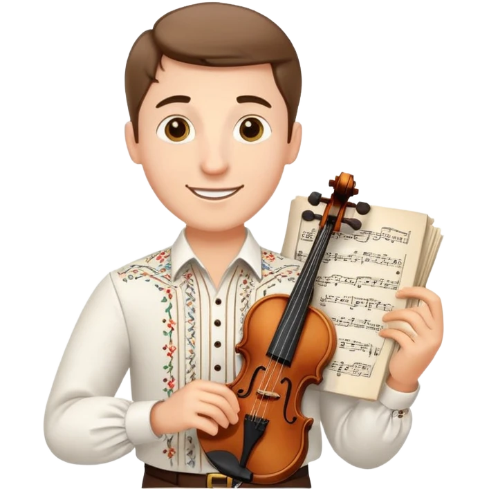 a happy guy in a white Ukrainian embroidered shirt, holding sheet music in one hand and a violin key in the other emoji