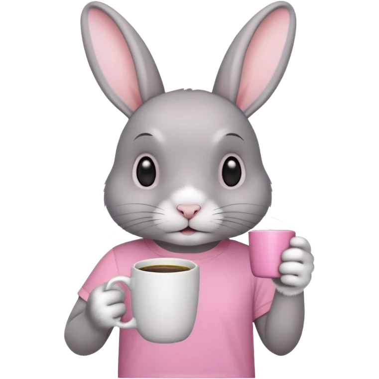Gray rabbit, wearing pink t-shirt, holding coffee mug emoji