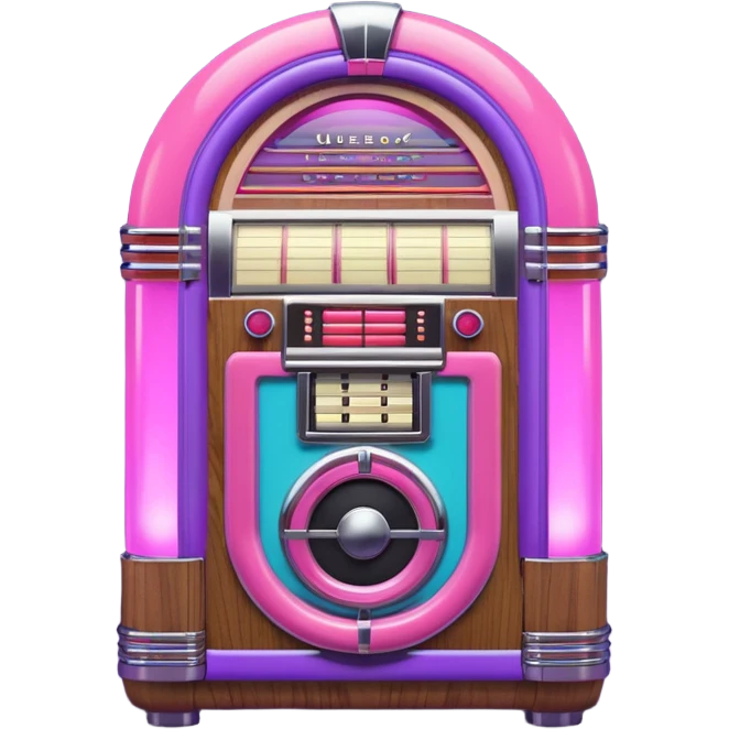 3D render of Jukebox, vintage 1980s audio equipment aesthetic, tactile analog buttons, neon pink and purple light tubes with chrome trim, mixed wood grain and brushed aluminum textures, Apple emoji style, isolated on white background --v 6.0 emoji