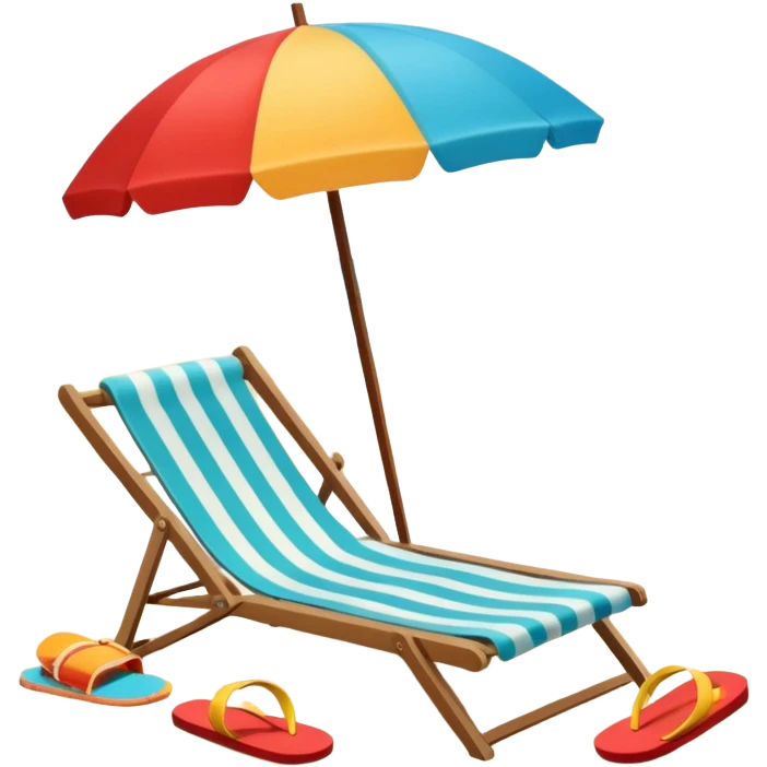 Icon for Beach Tourism: a sunny beach with the sea and waves, a lounge chair, a sun umbrella, and flip-flops on the sandy shore. The background should be a clear, vibrant ocean view with the sun shining brightly. Transparent background. emoji