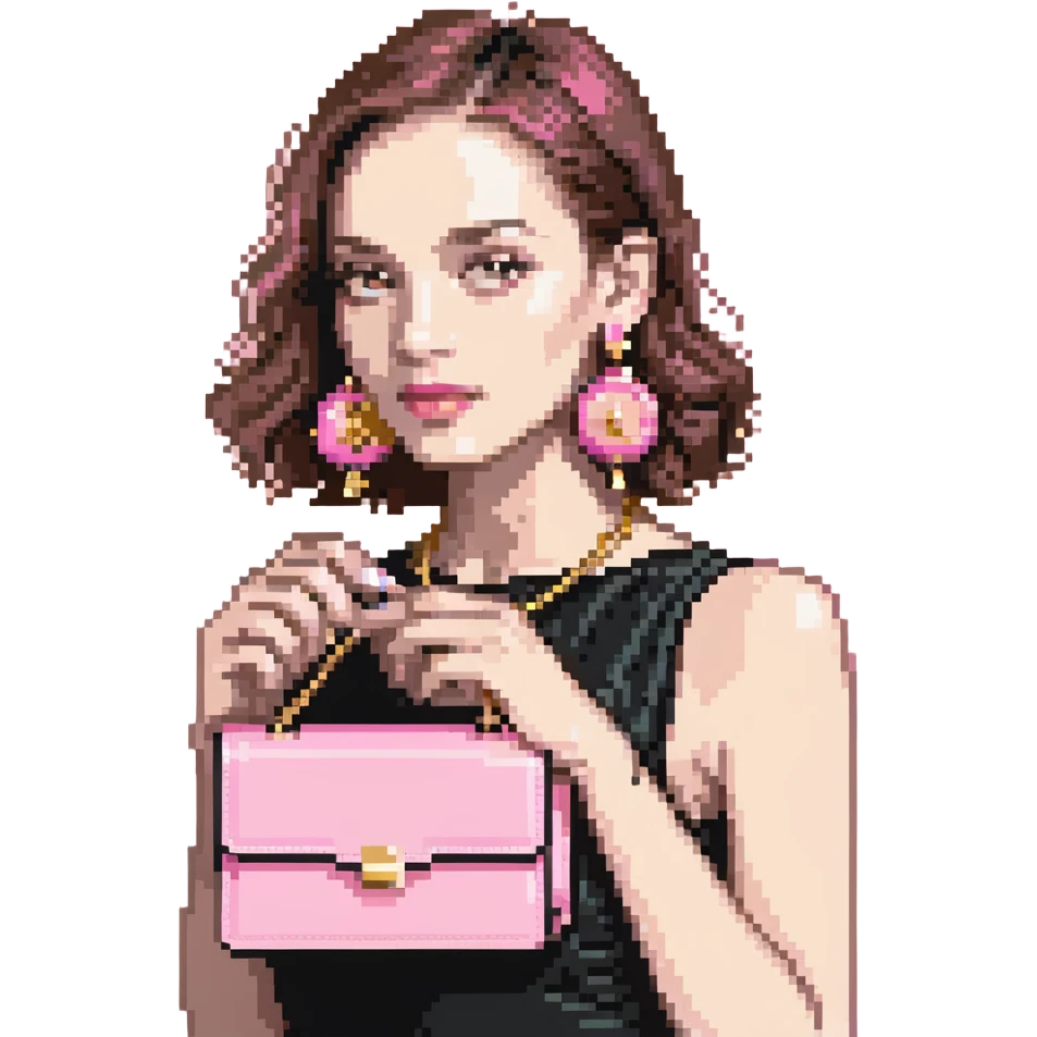 woman with gold earrings holding a pink purse emoji