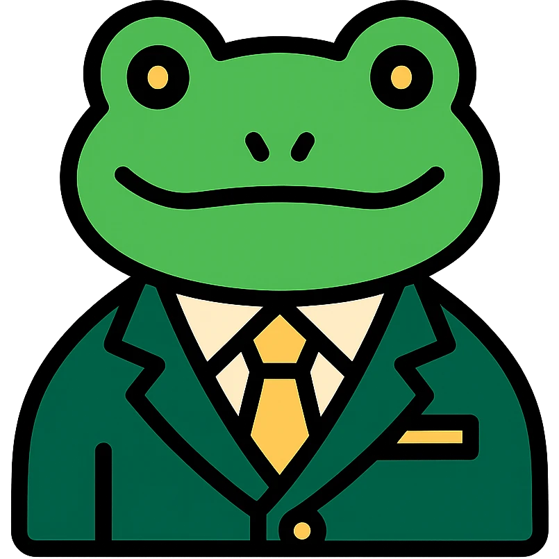 cartoon frog in a sharp green suit with gold accessories emoji