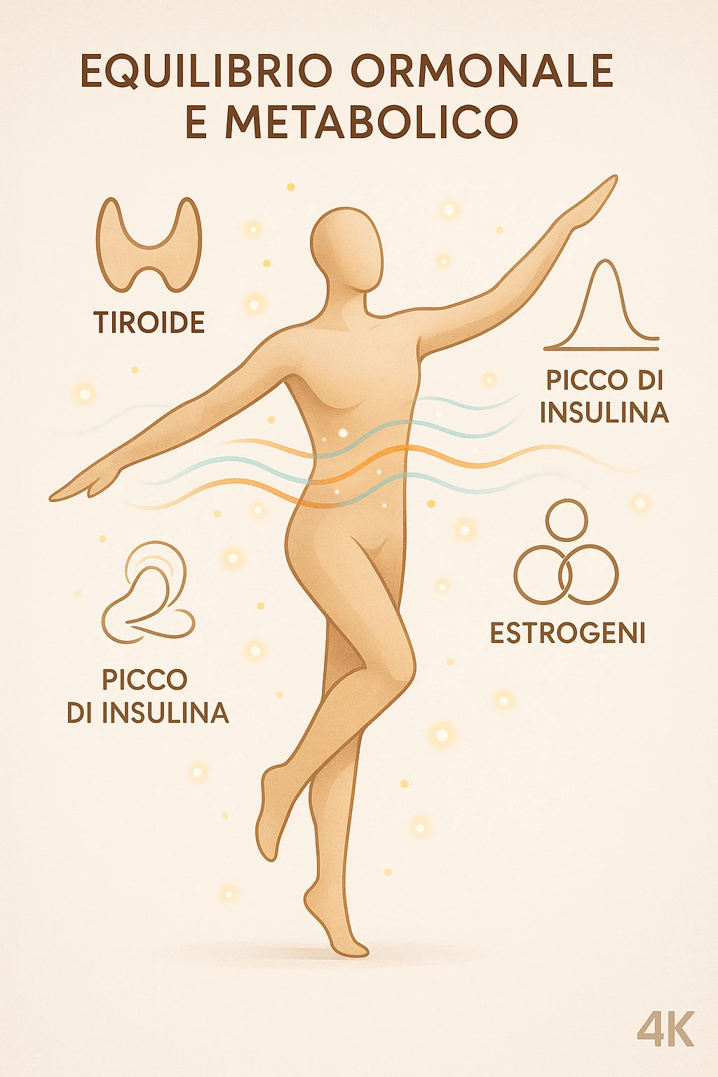 Il corpo è circondato da simboli delicati e bilanciati che rappresentano equilibrio ormonale e metabolico: piccoli cerchi, flussi energetici colorati, simboli stilizzati di tiroide, picco insulina, estrogeni. 4k immagine in italiano emoji