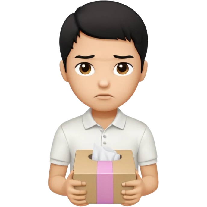 generate a pretty bratz boy with black hair, wearing a white polo shirt. Looking sad, holding a box of tissues emoji