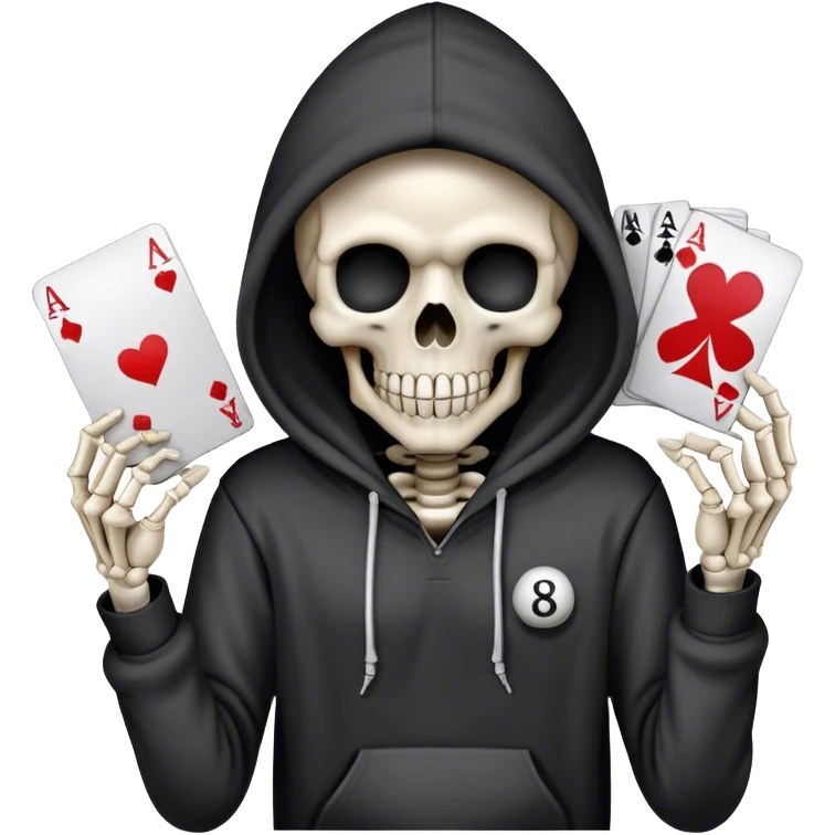 Skeleton holding 8  ball and ace card in hoodie ￼￼ ￼ emoji