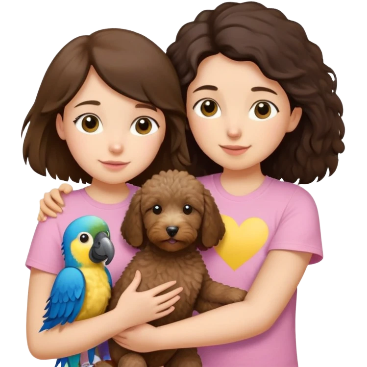 One girl with medium long dark brown hair dressing baby pink T-shirt, hugging One little brown coated labradoodle and a yellow-headed, blue-bellied macaw emoji