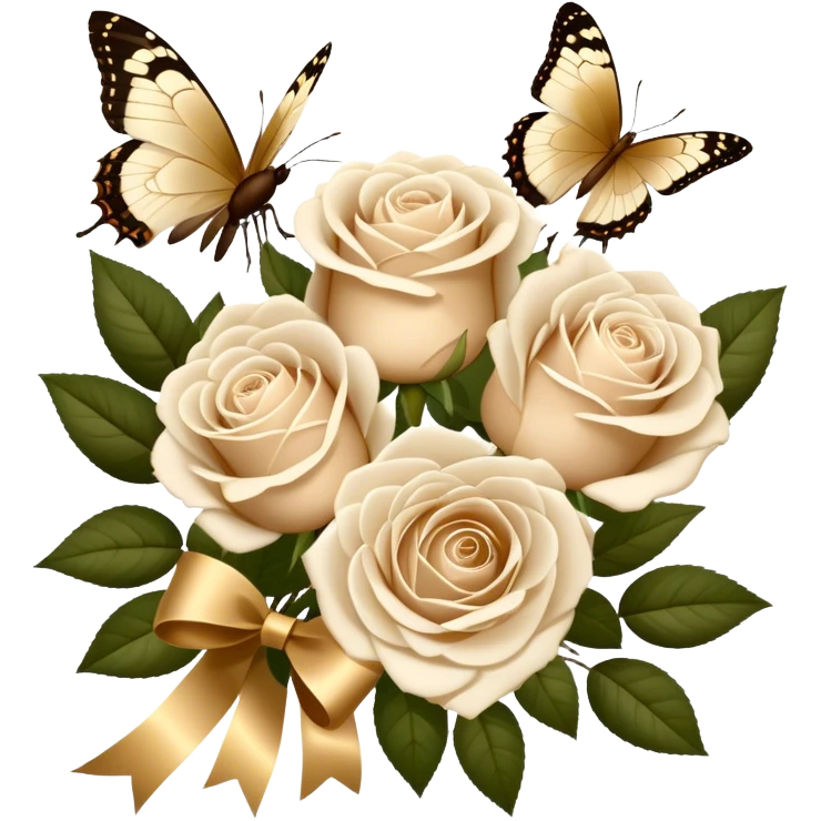 A bouquet of white Ascott tea roses next to a beige aesthetic and a brown beautiful butterfly and a gold silk ribbon emoji