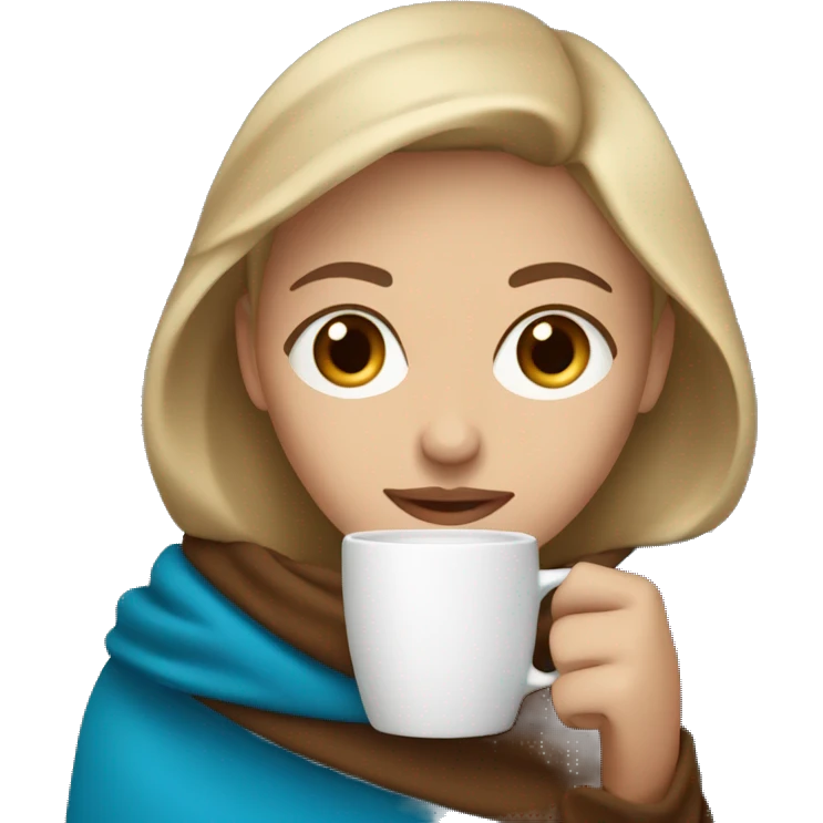 Dark Blonde woman with blue eyes wrapped in brown blanket drinking coffee emoji