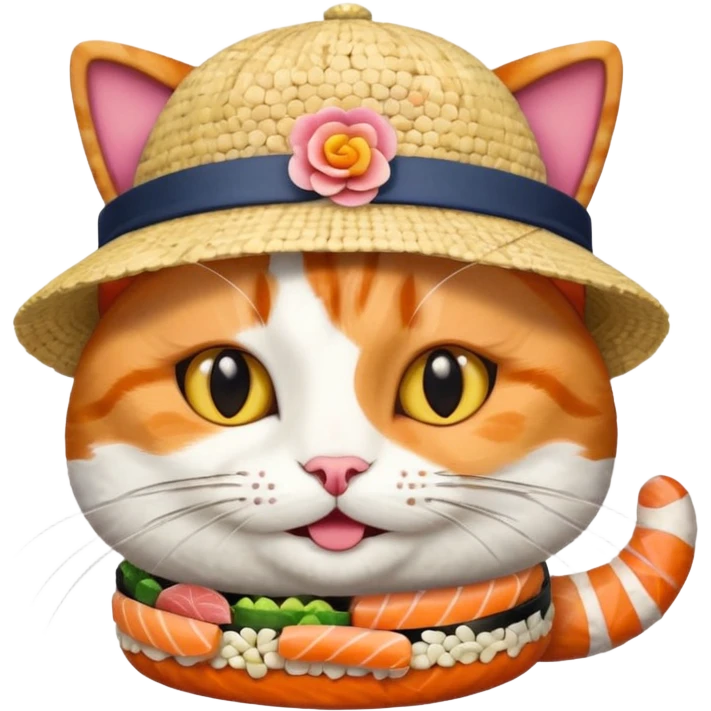 happy cat wearing a hat made out of sushi pieces emoji