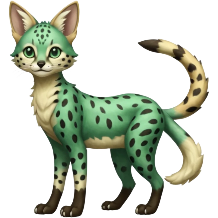 Epic complex detailed dark-emerald-green dark-brown beige pastel realistic aesthetic-scenic-Fakémon-Sprigatito-Floragato-Meowscarada-Trico-Sergal-Serval-Vernid-creature (full body) emoji
