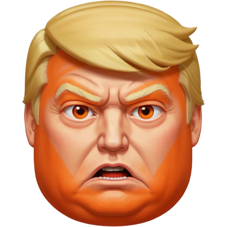 PLEASE MAKE 3 VERSIONS OF AN ISOMETRIC 3D ICON OF A DONALD TRUMP CHARACTER, FROM AN OVERHEAD ISOMETRIC ANGLE, WITH AN ANGRY AND CONFUSED EXPRESSION, HEAVY JOWELS, WITH EXCESSIVE ORANGE MAKEUP, A VERY LARGE, BLOATED STOMACH, AND VERY LARGE ANGLES. emoji