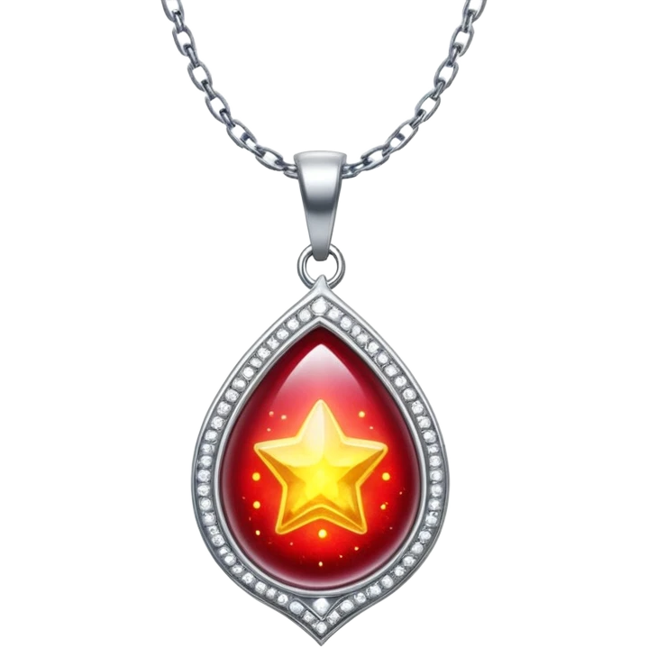 cosmic talisman: red-yellow glowing pendant, liquid silver chain, stardust particles emoji