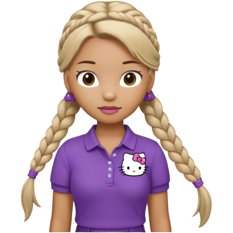 hello kitty wearing purple polo shirt and kyaki pants with long fishtail braids baddie emoji