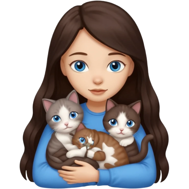a pretty girl with long dark brown hair, with blue eyes, hugs 3 different natural coloured small cats emoji