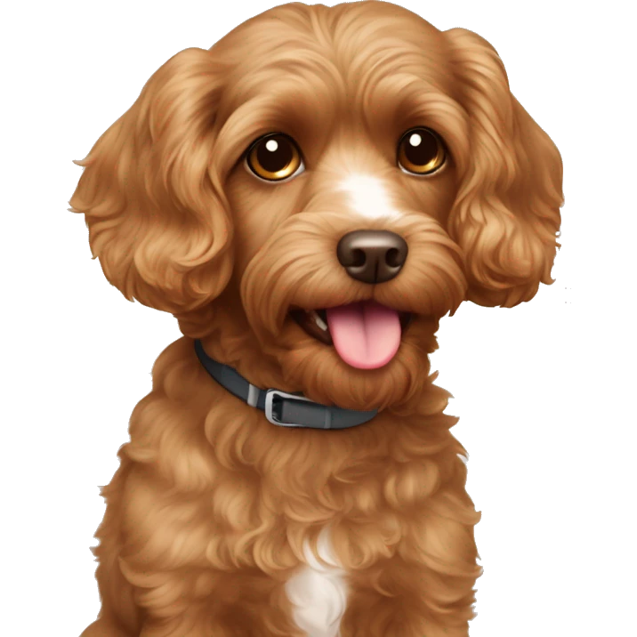 A light brown cavoodle with brown eyes and tongue poking out emoji