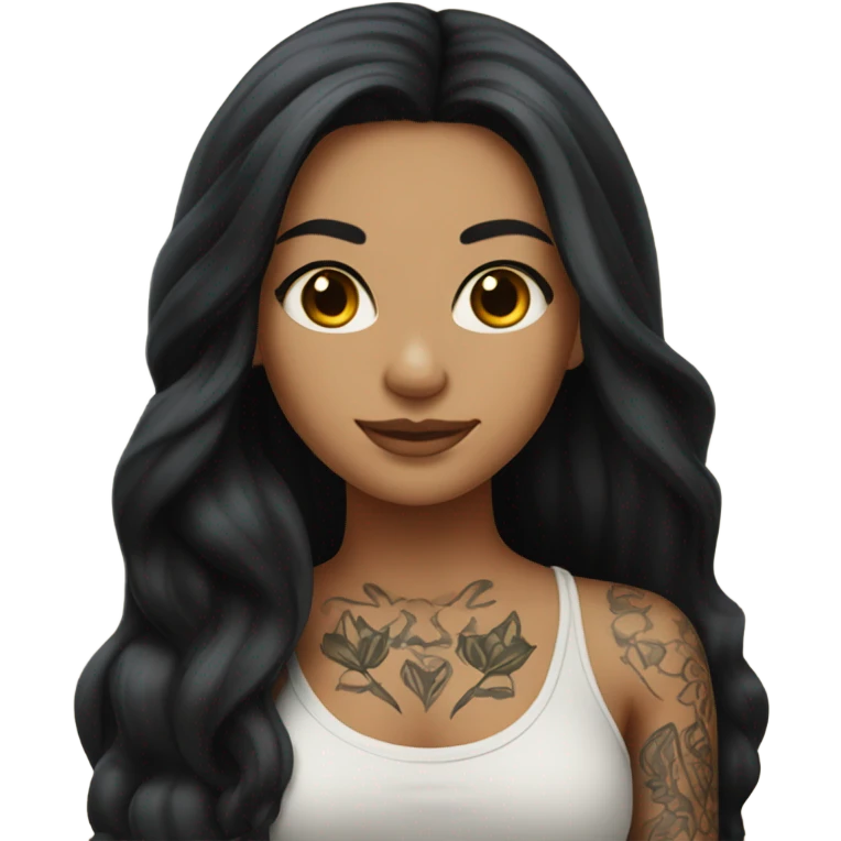 Hyperrealistic beautiful tan girl with tattoos, with long black hair  emoji