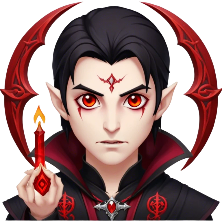 Cinematic Realistic WoW Vampire Mage Portrait, head tilted epicly and inquisitively, showcasing a commanding presence and ancient arcane mastery. His pallid skin and sleek dark hair are set against the intricately detailed black robe—with silver accents and mystical runes—that remains consistent in its shadowed elegance. His piercing crimson eyes blaze with forbidden power, rendered with dramatic, lifelike clarity and high shine, epic and awe-inspiring. emoji