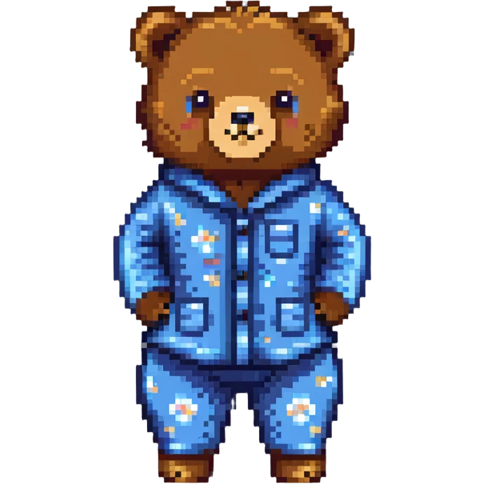 cute bear in blue pajamas, pixel art style, pixel art, adorable, cozy, blue pajamas emoji