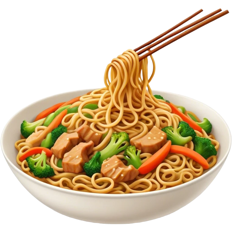 Cinematic Realistic Chow Mein Dish Emoji, showcasing stir‚Äêfried noodles with crisp vegetables and tender meat, rendered with lifelike detail and vibrant, dynamic lighting. emoji