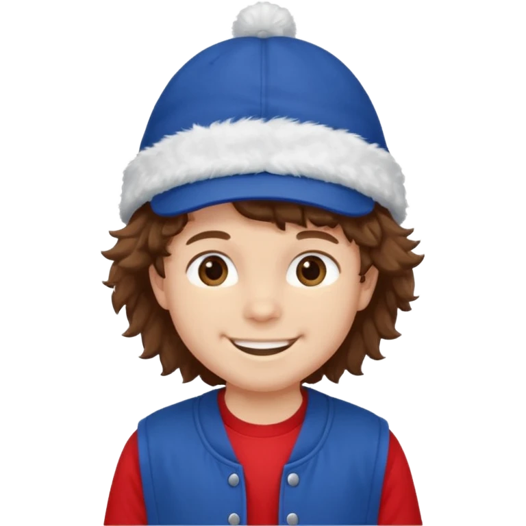 brown fluffy hair kid with blue and white hat dark blue jilet red t shirt emoji