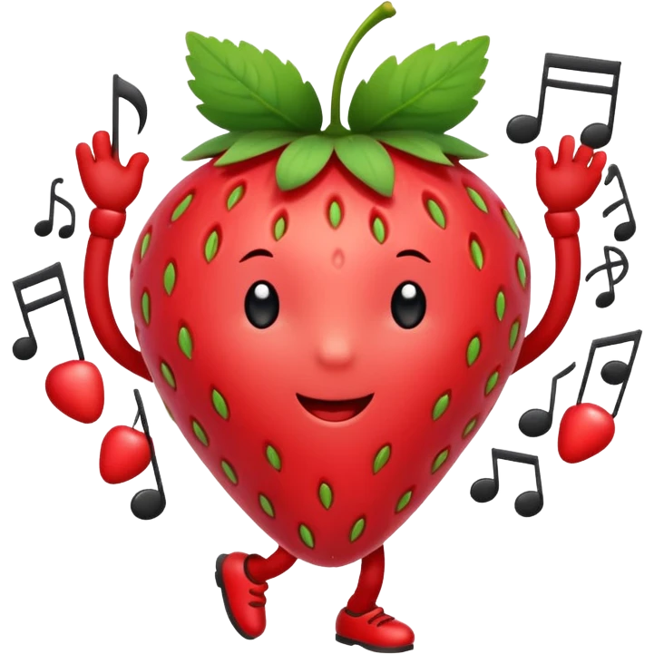 A Dancing strawberry with music notes around emoji