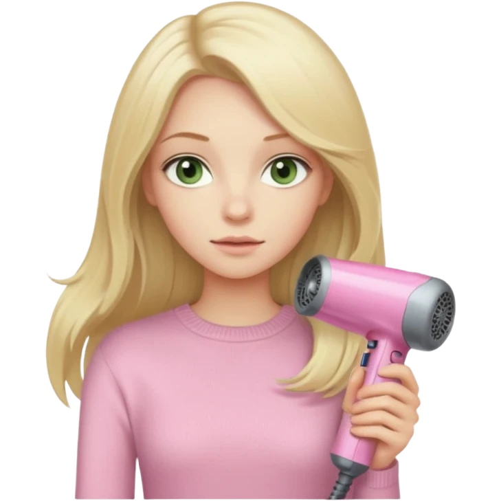 blonde girl with pale green eyes, long hair, beige sweater, and pink Dyson hair dryer, iOS emoji style emoji