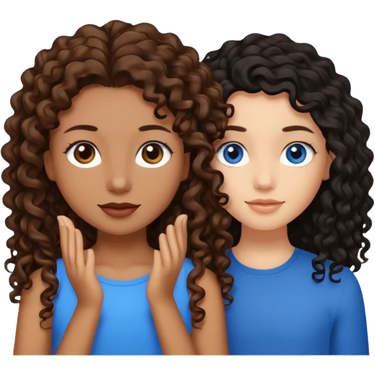 Two best friends .bestie 1: beige skin with brown long hair and blue eye. Bestie 2:mixed race skin with curly black hair and brown eye emoji
