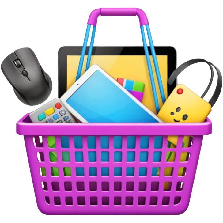 shopping basket containing a graphics card, wireless mouse, and tablet emoji emoji