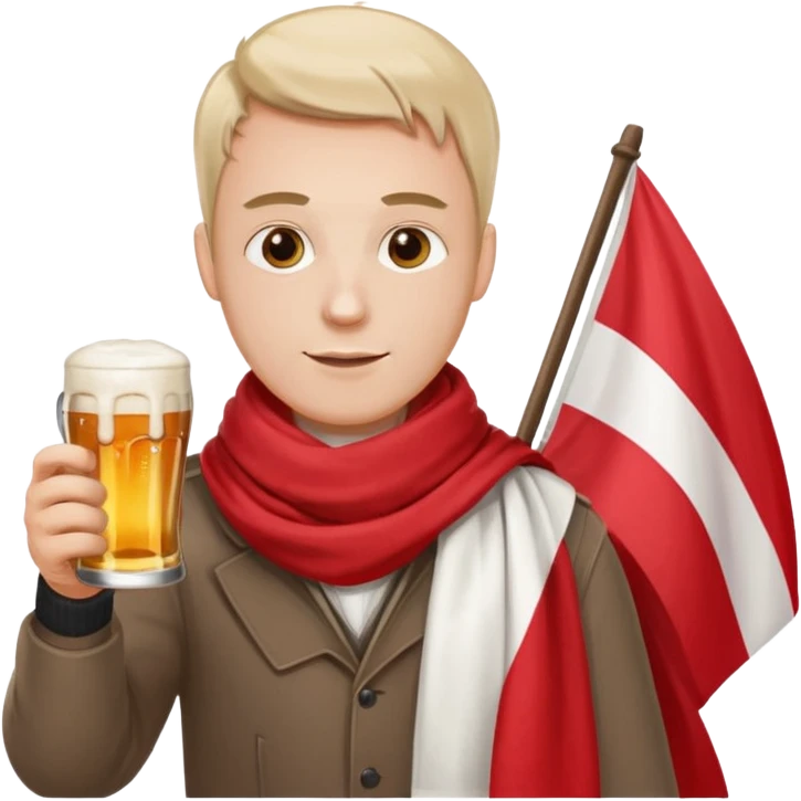 A man wearing a red and white scarf holding a Polish flag in one hand and a beer in the other emoji