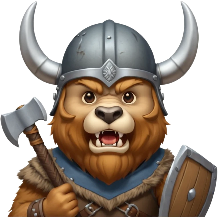 Viking Bear wearing horned helmet growling. holding axe emoji