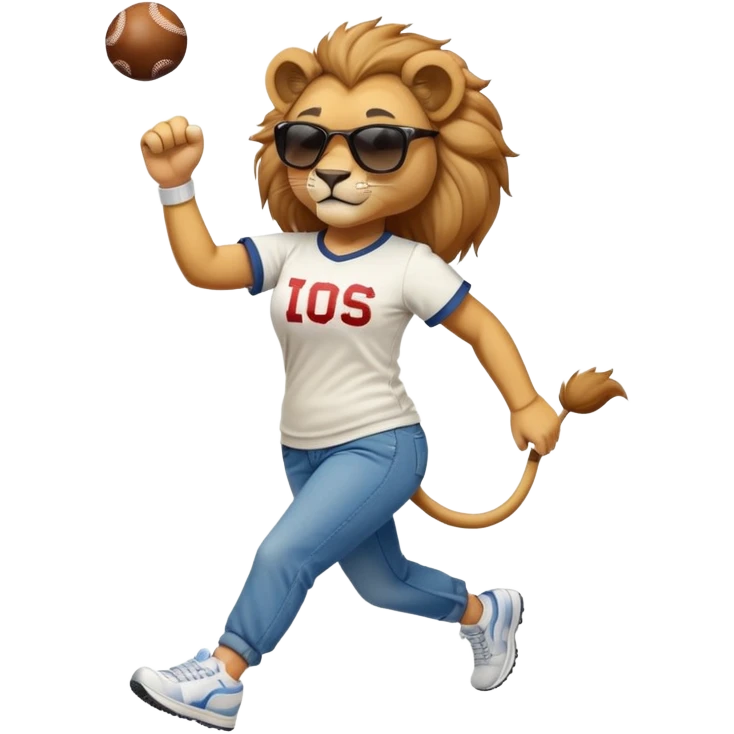 friendly anthropomorphised female lion wearing a baseball shirt, jeans, trainers, dark sunglasses, jogging upright, dominant confident expression emoji