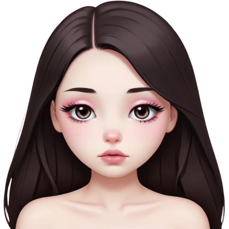 girl with white skin, dark brown long realistic straight hair with middle part prominently falling in front of her body over her shoulders, very big pouty extra shiny lips with absolutely no cupid's bow, big round shiny eyes with black eyeballs and huge eyelashes, no eyeshadow, pink blush on cheeks, lighter button nose, very long oval-shaped face, wearing a pink off-shoulder top, looking directly at camera with hands down at sides emoji