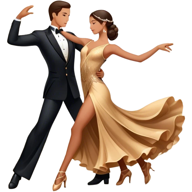 Icon for Ballroom Dancing: a couple in an elegant dance pose, with flowing dresses and tuxedos, surrounded by dance floor lights. The icon should convey the grace and elegance of ballroom dance, with focus on movement and precision. Transparent background. emoji
