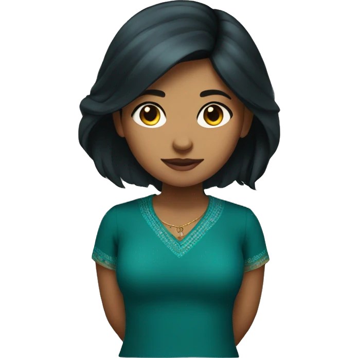 indian girl fair with length black hair and dark teal shirt. emoji