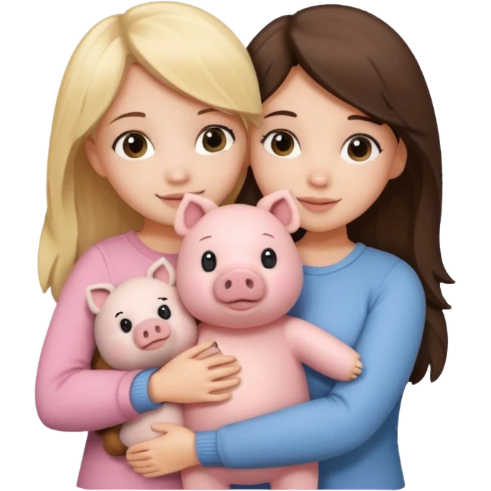 Girlfriends, blonde and brunette, hugging each other with a teddy bear and a little pig emoji
